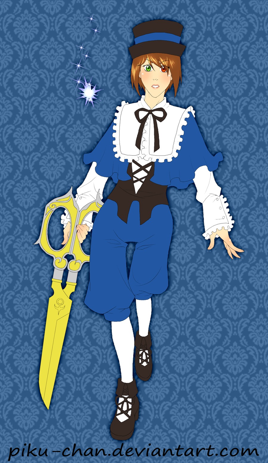 blue_background brown_hair capelet full_body green_eyes hat heterochromia image long_sleeves pants red_eyes shoes short_hair solo souseiseki standing sword top_hat weapon