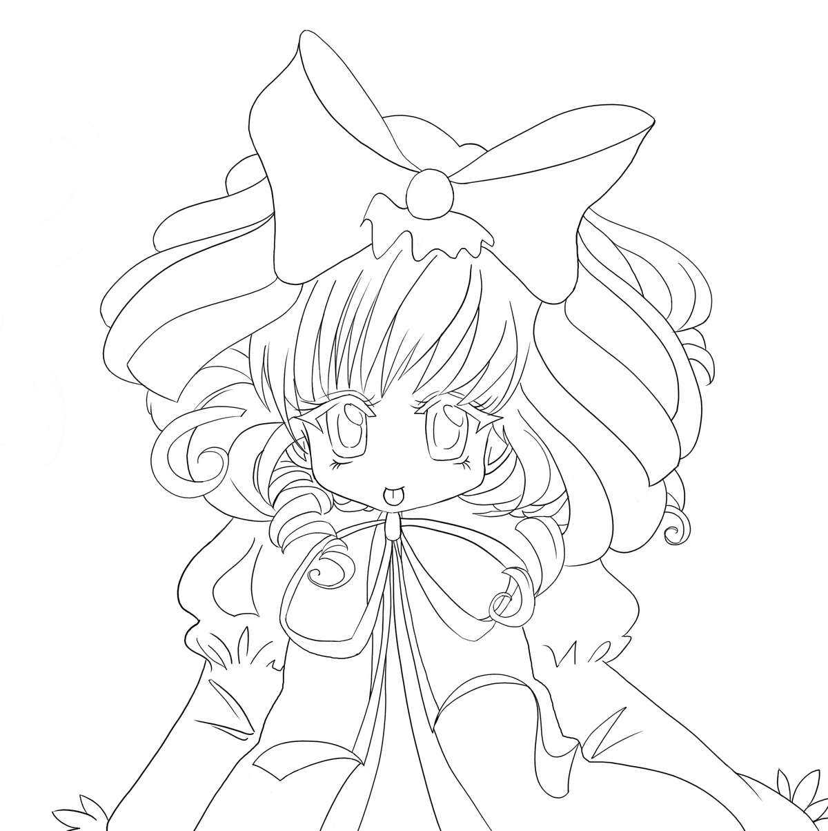 1girl bangs blush bow diagonal_stripes drill_hair greyscale hinaichigo image long_sleeves monochrome smile solo striped striped_background vertical_stripes