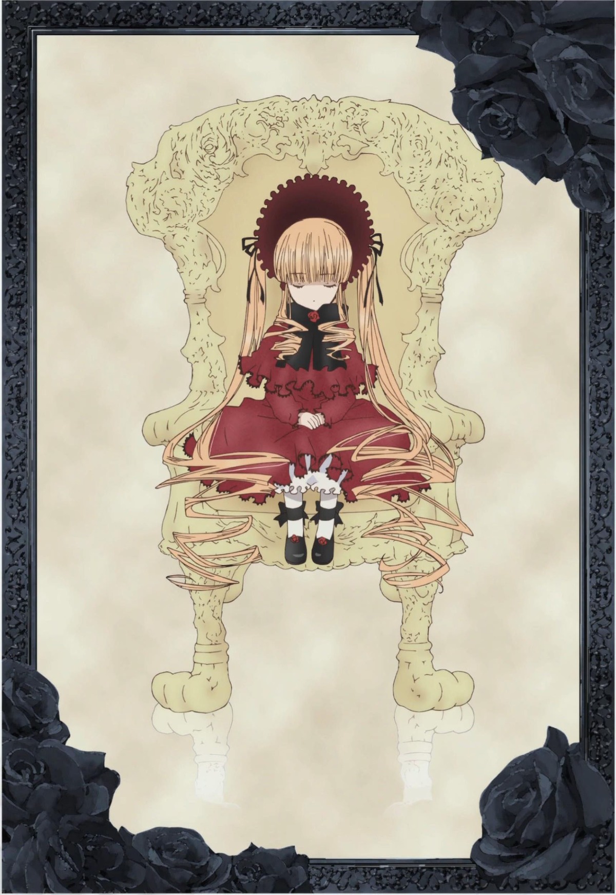 1girl black_flower black_rose blonde_hair blue_rose bonnet dress flower image long_hair long_sleeves pair pink_rose red_dress red_rose rose shinku sitting solo suigintou twintails very_long_hair white_flower white_rose