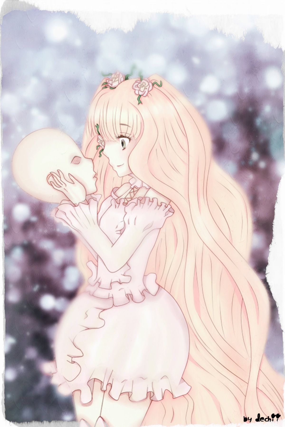 1girl bare_shoulders blonde_hair blurry depth_of_field dress flower frills image kirakishou long_hair profile puffy_sleeves smile solo very_long_hair white_dress