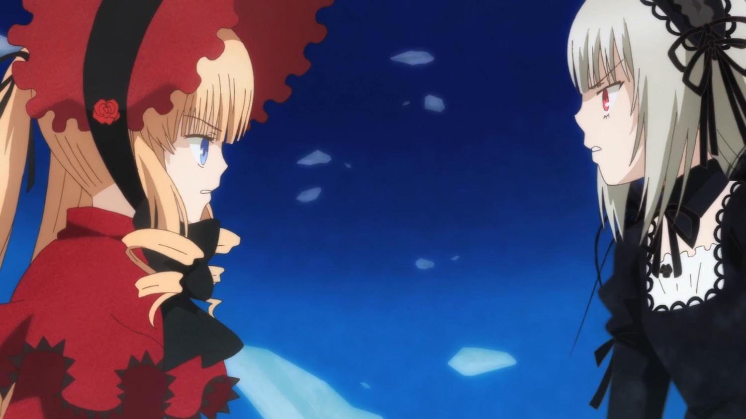 2girls auto_tagged blonde_hair blue_eyes bonnet bow dress drill_hair eye_contact flower frills hairband image lolita_fashion lolita_hairband long_hair long_sleeves looking_at_another multiple_girls pair petals profile red_eyes rose shinku silver_hair suigintou twintails