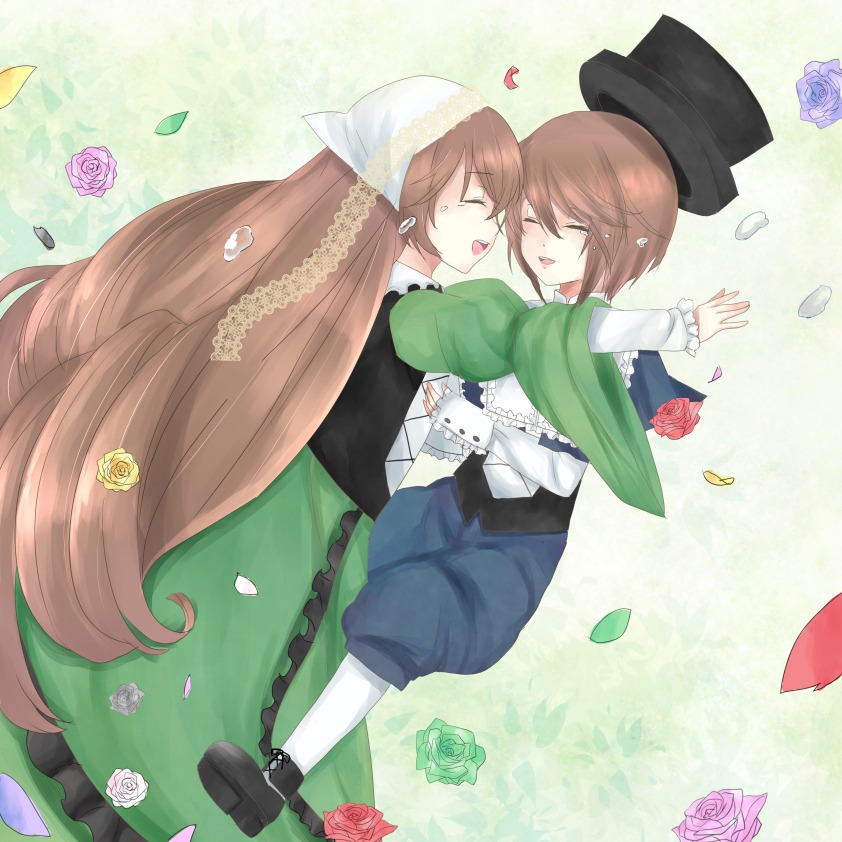 2girls blue_flower blue_rose brown_hair closed_eyes dress flower hat image long_hair multiple_girls pair petals pink_flower pink_rose purple_flower purple_rose red_flower red_rose rose rose_petals short_hair siblings souseiseki suiseiseki twins white_rose yellow_flower yellow_rose