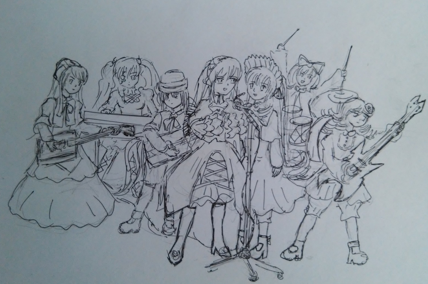 6+girls akemi_homura dress gun hair_ornament hat image kaname_madoka long_hair miki_sayaka monochrome multiple multiple_girls rifle sakura_kyouko short_hair sketch tagme twintails weapon