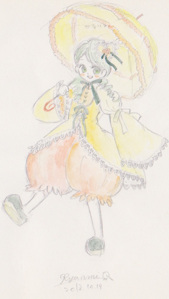 1girl bloomers dress frills full_body green_eyes image kanaria long_sleeves open_mouth parasol short_hair smile solo traditional_media umbrella yellow_dress