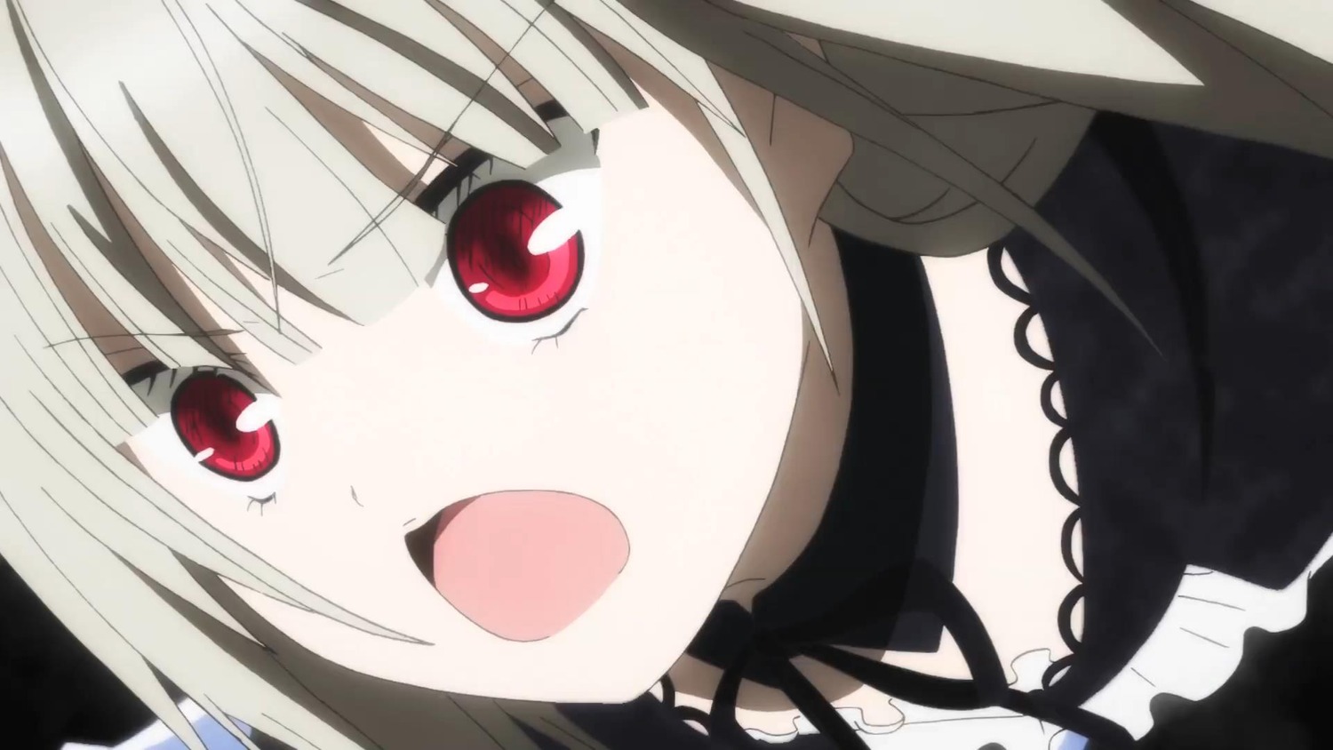 1girl :d bangs black_choker black_dress blush choker close-up eyebrows_visible_through_hair fang image looking_at_viewer open_mouth red_eyes smile solo suigintou