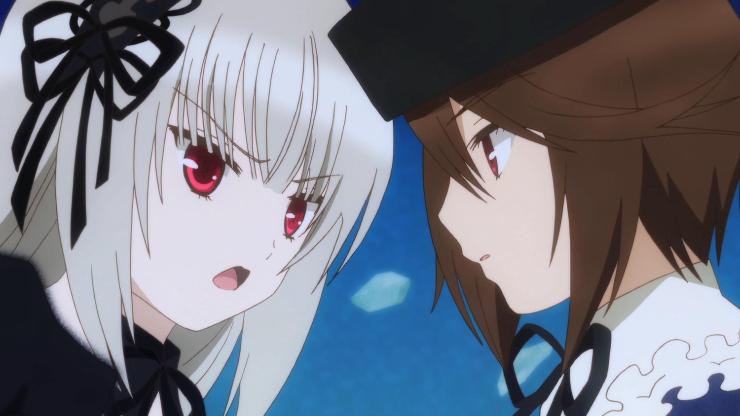 2girls bangs black_ribbon brown_hair eye_contact eyebrows_visible_through_hair frills hairband hat image long_hair looking_at_another multiple_girls open_mouth pair profile red_eyes ribbon silver_hair souseiseki suigintou