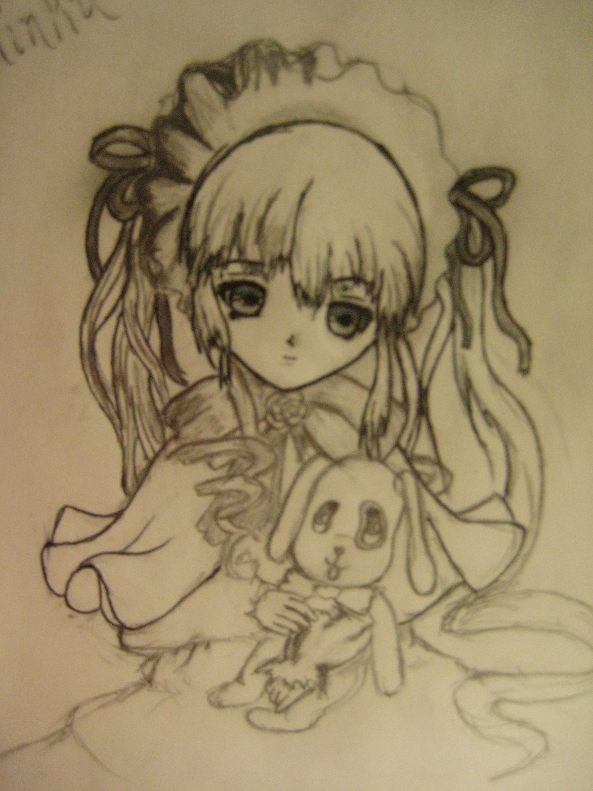 1girl dress image long_hair long_sleeves looking_at_viewer monochrome photo shinku simple_background solo stuffed_animal stuffed_bunny traditional_media very_long_hair