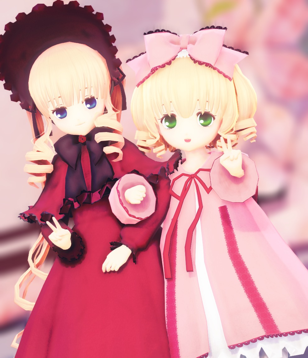 2girls blonde_hair blue_eyes blurry bow depth_of_field dress drill_hair food frills green_eyes hina_ichigo hinaichigo image long_hair long_sleeves looking_at_viewer multiple_girls pair pink_bow red_dress shinku smile standing twin_drills