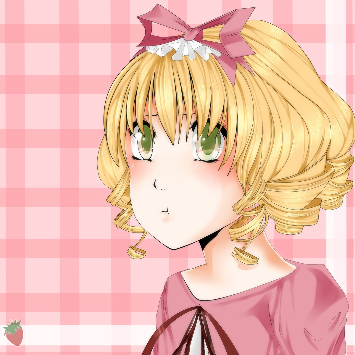 1girl :t argyle argyle_background blonde_hair blush checkered checkered_background checkered_floor drill_hair green_eyes hina_ichigo hinaichigo image plaid plaid_background pout ribbon short_hair solo twin_drills