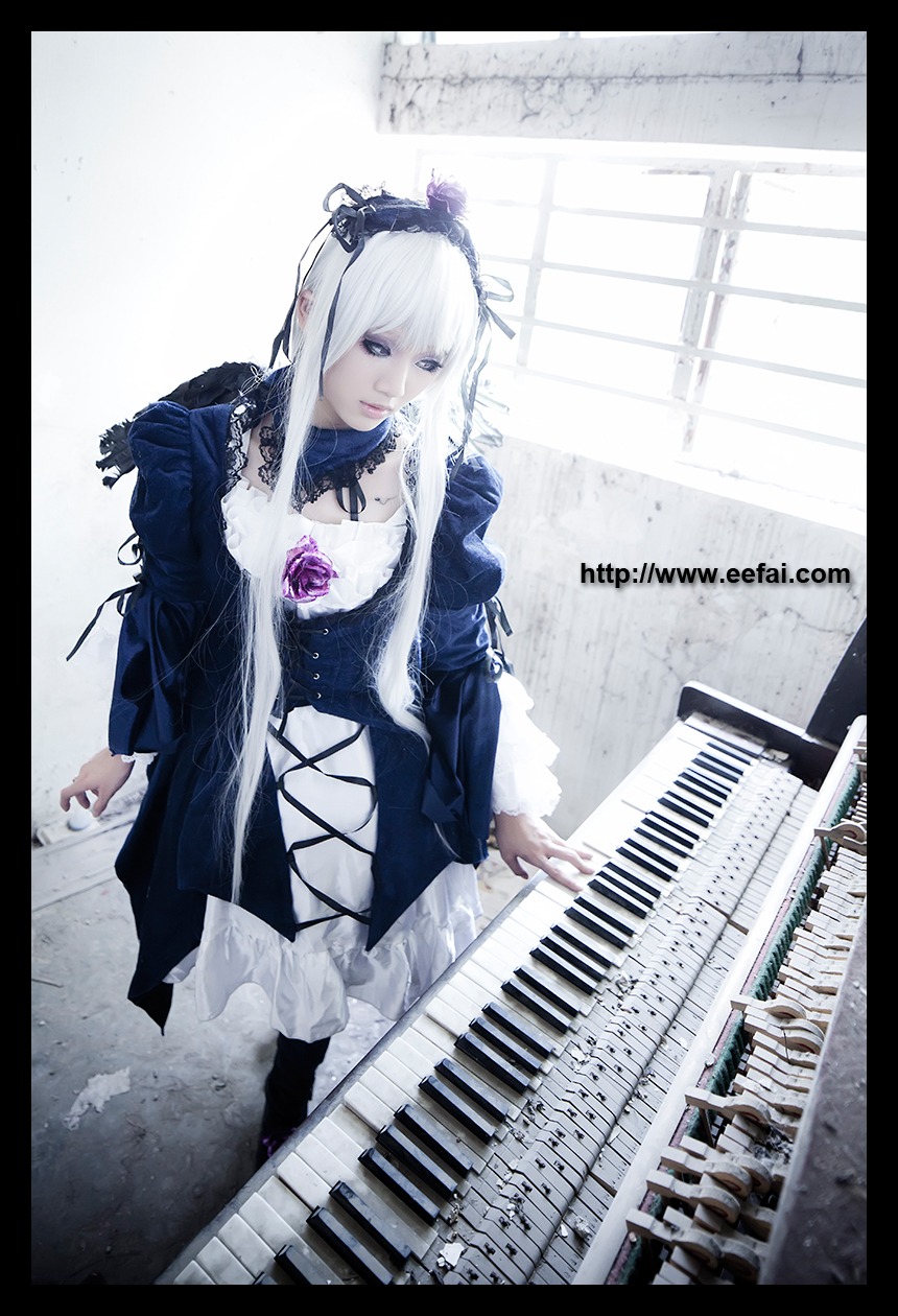 1girl black_border blue_eyes dress flower gothic_lolita guitar instrument letterboxed music piano pillarboxed playing_instrument rose sitting solo suigintou