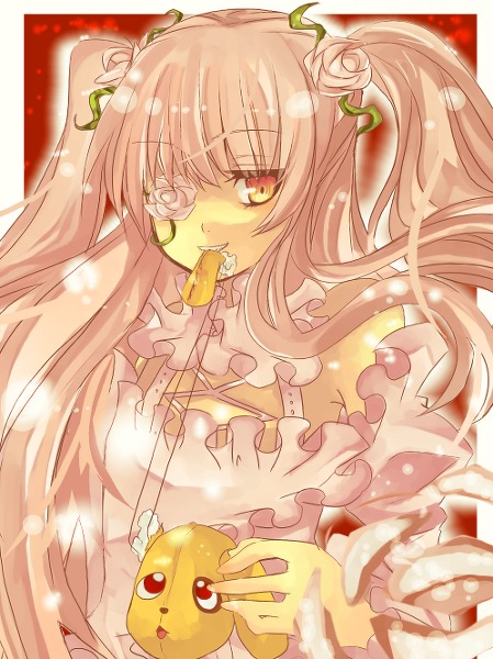 1girl dress eyepatch flower food frills fruit hair_flower image kirakishou long_hair pink_hair rose smile solo twintails