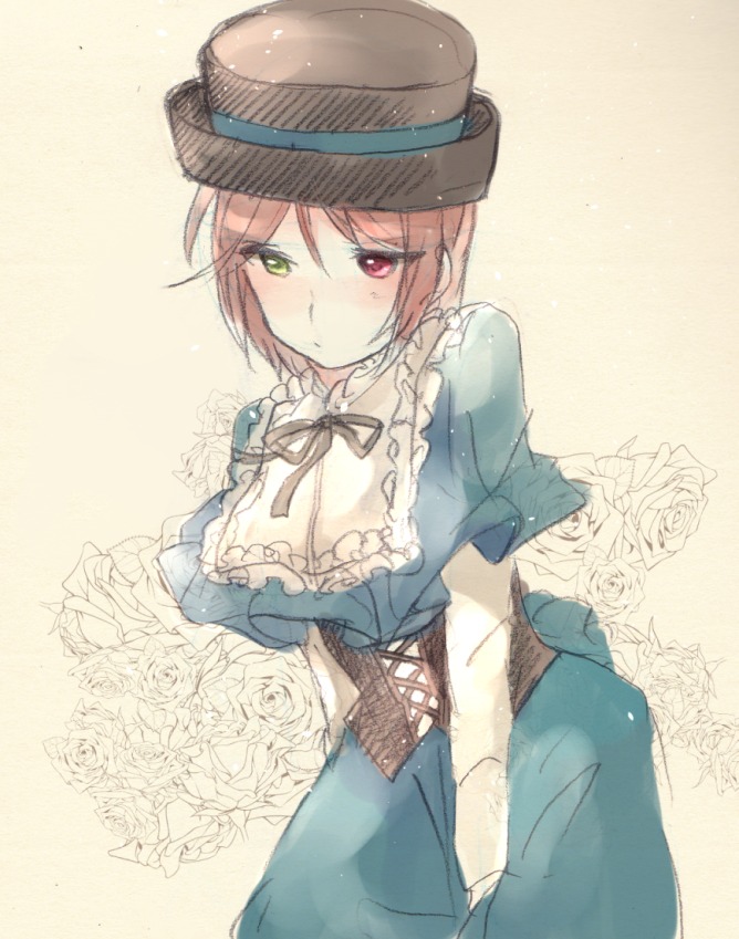 1girl blush corset dress flower frills green_eyes hat heterochromia image long_sleeves looking_at_viewer red_eyes ribbon rose short_hair solo souseiseki white_flower white_rose