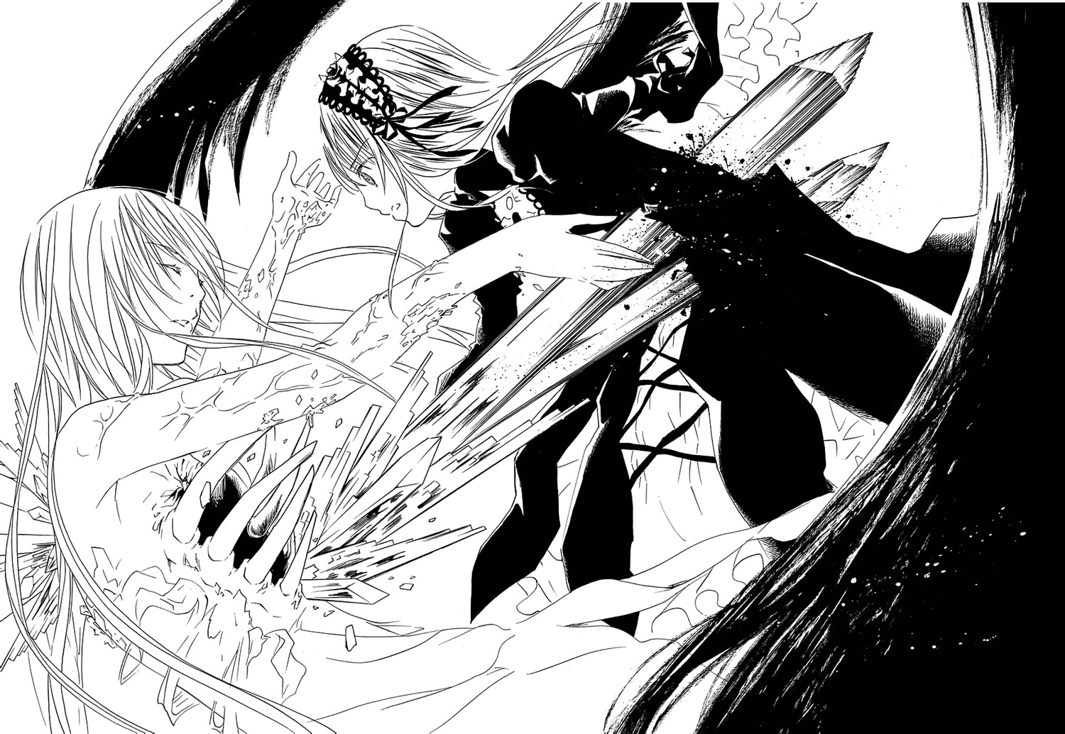 2girls dress gradient_hair greyscale hijiri_byakuren image kakizaki_megu long_hair long_sleeves monochrome multicolored_hair multiple_girls solo suigintou wide_sleeves