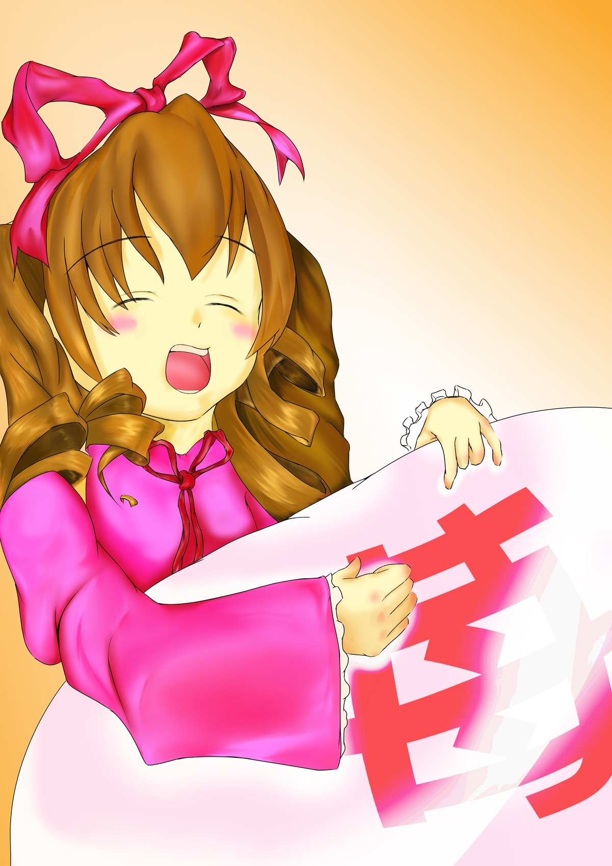 1girl blush bow brown_hair closed_eyes hair_bow hinaichigo image long_hair open_mouth pink_bow ribbon solo