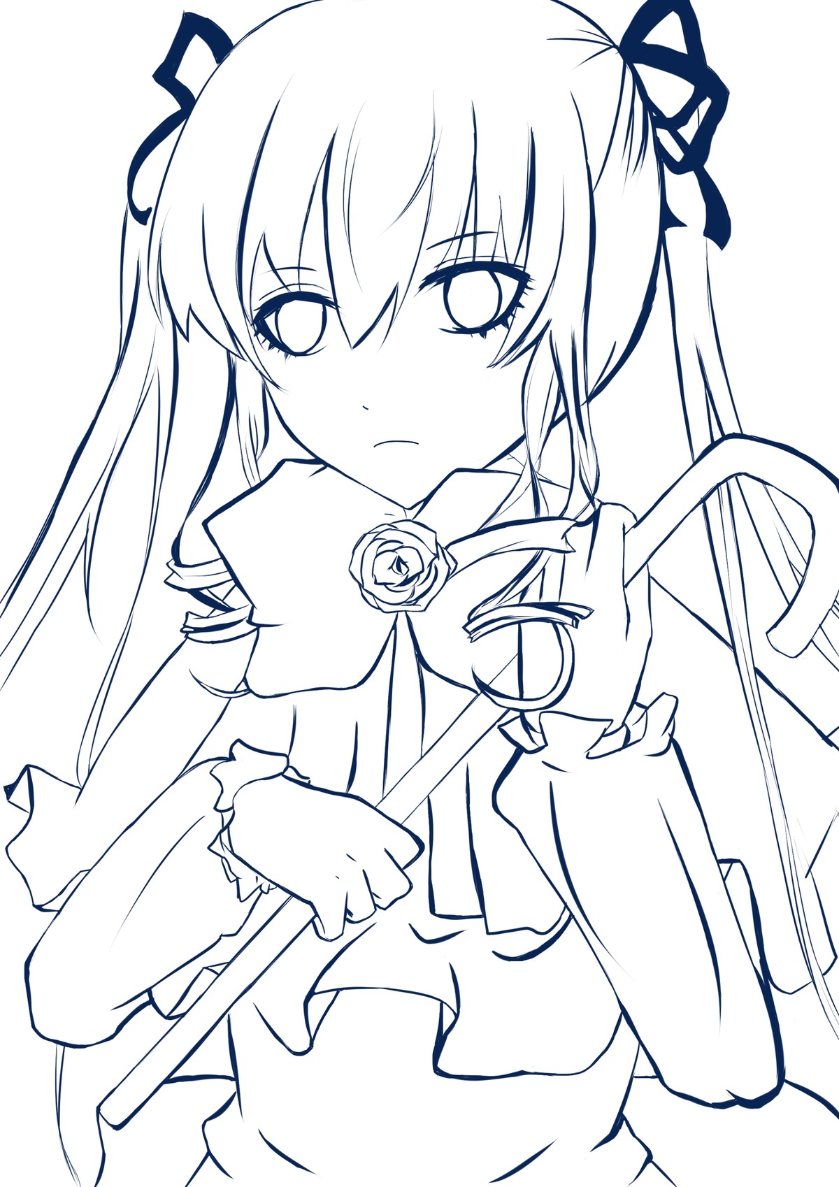 1girl eyebrows_visible_through_hair flower hair_ribbon holding image lineart long_hair looking_at_viewer monochrome ribbon rose shinku solo twintails