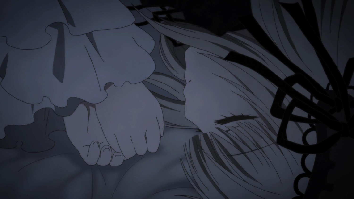 1girl closed_eyes dress frilled_sleeves frills from_side hair_ribbon hairband image long_hair long_sleeves lying on_side profile ribbon sleeping solo suigintou