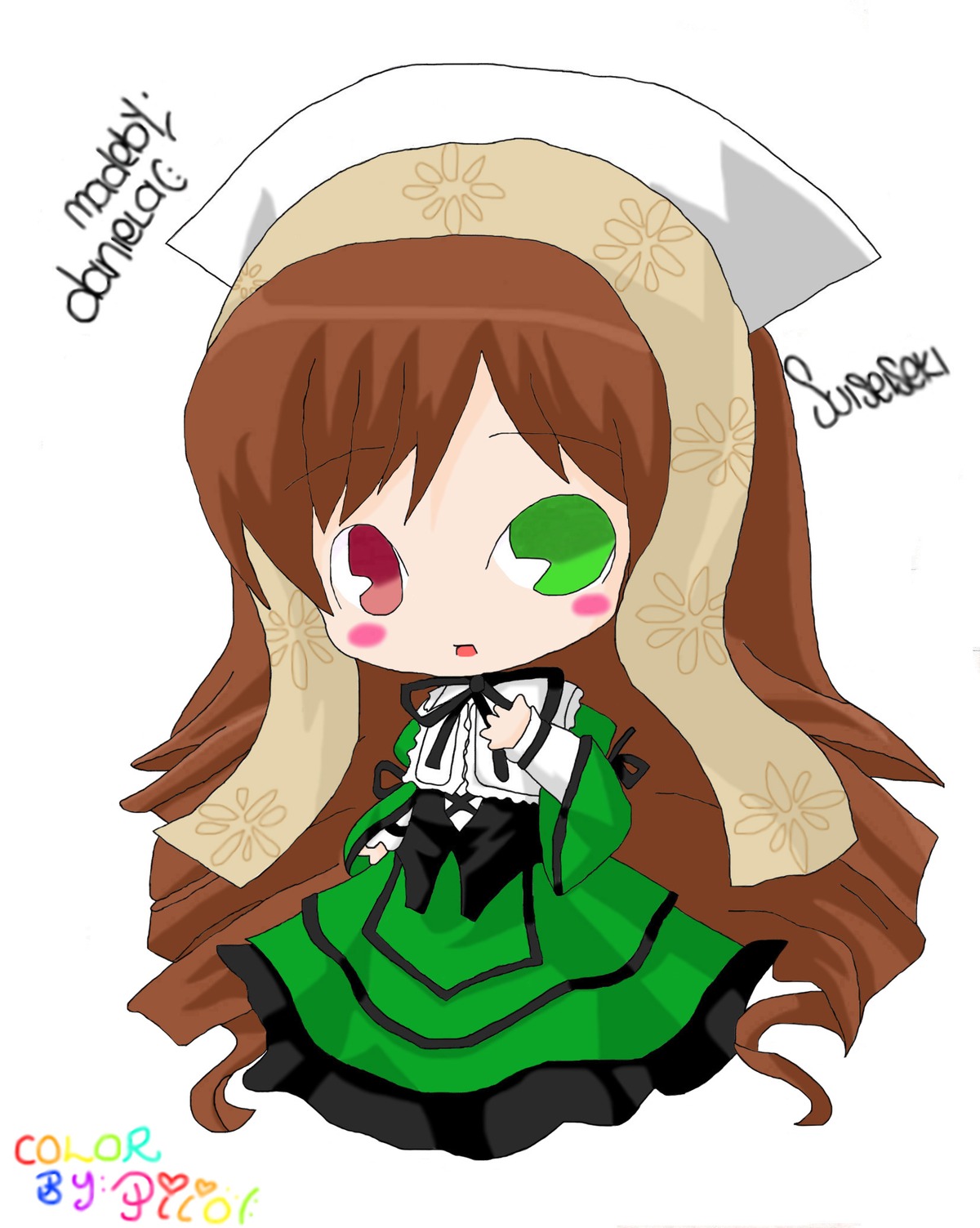 1girl brown_hair chibi dress full_body green_dress green_eyes head_scarf heterochromia image long_hair long_sleeves looking_at_viewer red_eyes solo suiseiseki very_long_hair white_background