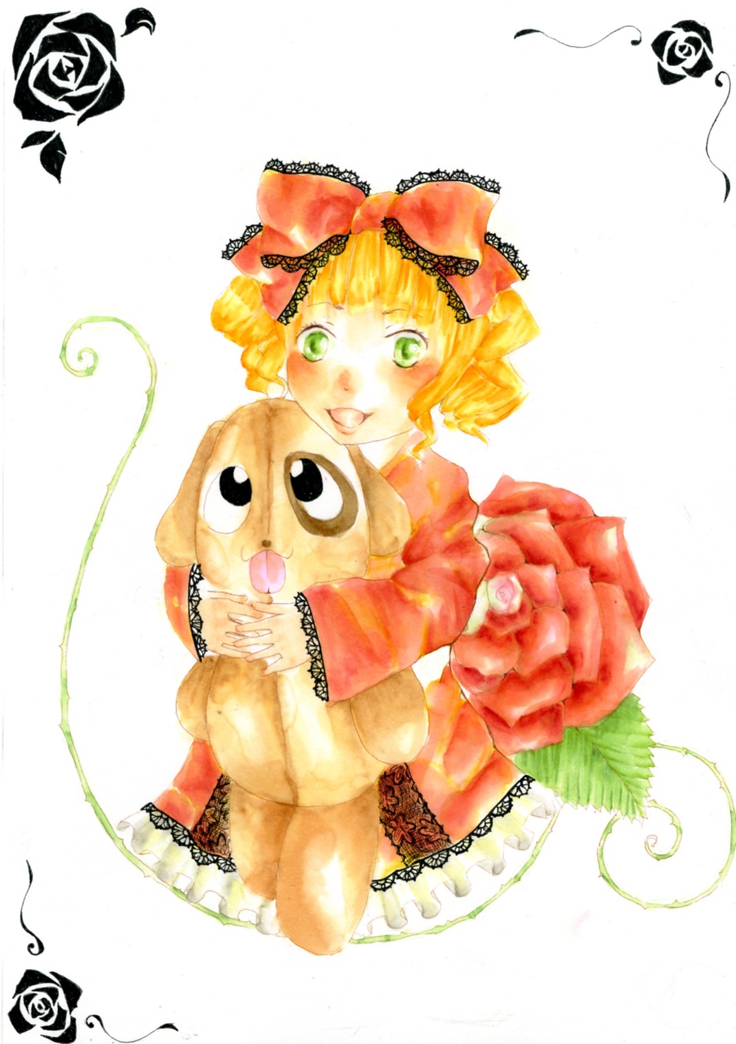 1girl blonde_hair bouquet bow dress flower green_eyes hina_ichigo hinaichigo image musical_note pink_bow pink_rose red_flower red_rose rose short_hair solo stuffed_animal teddy_bear