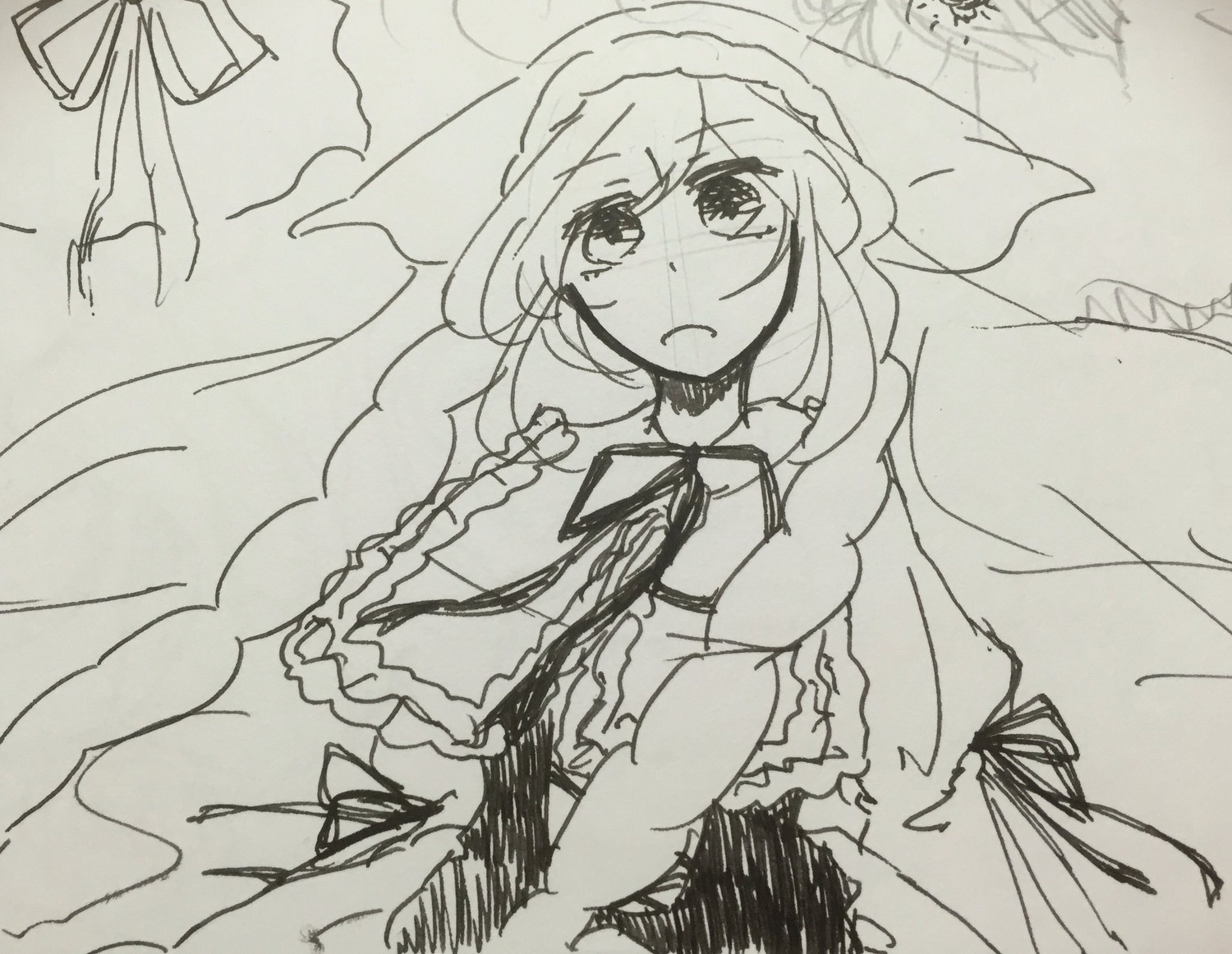 1girl blush braid dress frills greyscale hat image long_hair long_sleeves monochrome neck_ribbon ribbon solo suiseiseki traditional_media twin_braids upper_body very_long_hair