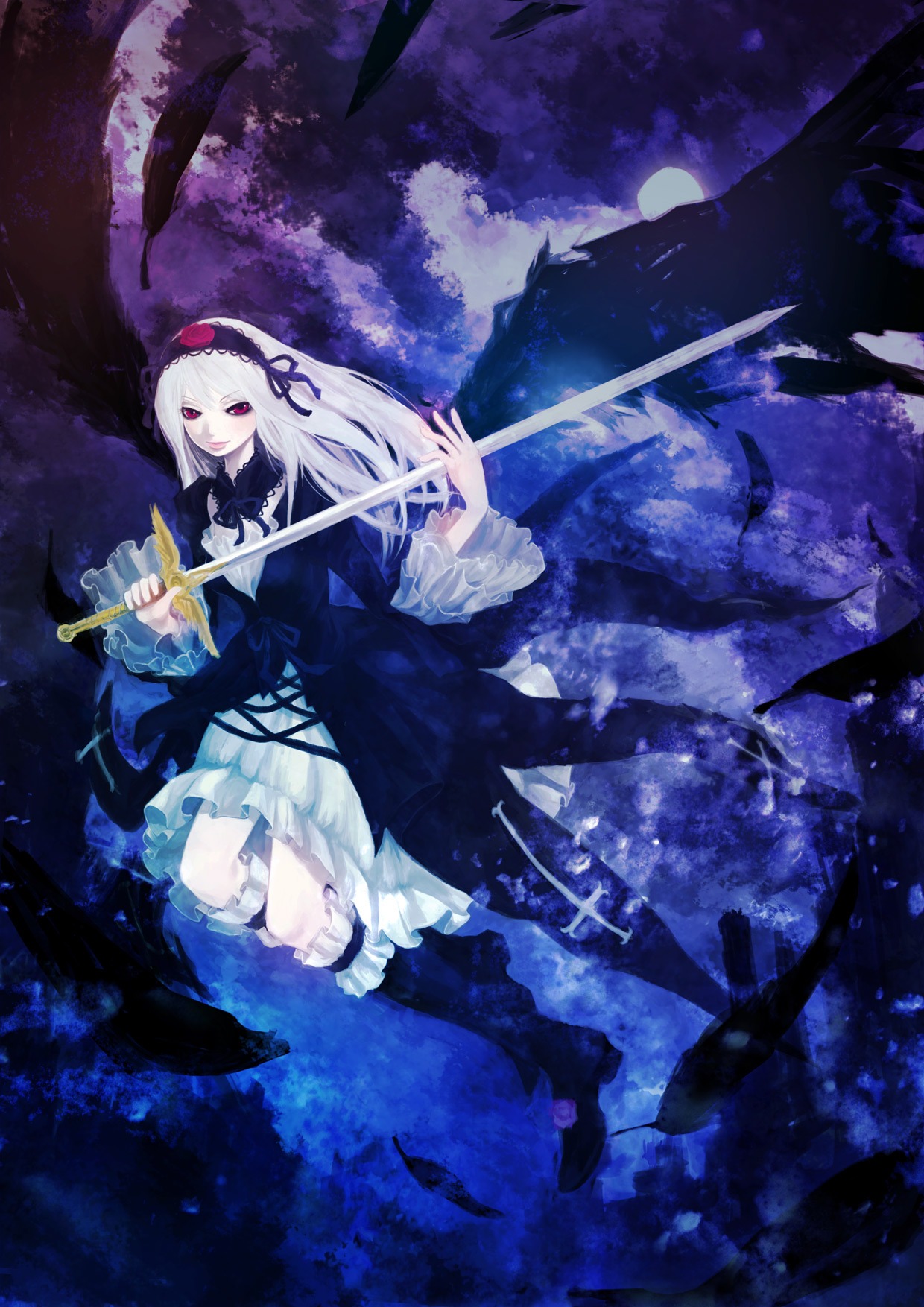1girl boots commentary_request cpux4 dress feathers flower frills hairband highres holding image knee_boots lolita_fashion long_hair long_sleeves purple_eyes red_eyes ribbon rozen_maiden silver_hair solo suigintou sword weapon white_hair wings