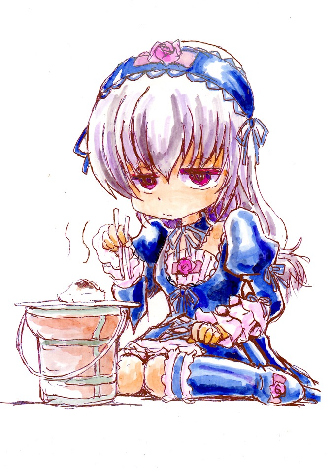 1girl dress eating flower food frills hairband image lolita_hairband long_hair long_sleeves rose silver_hair simple_background sitting solo suigintou white_background