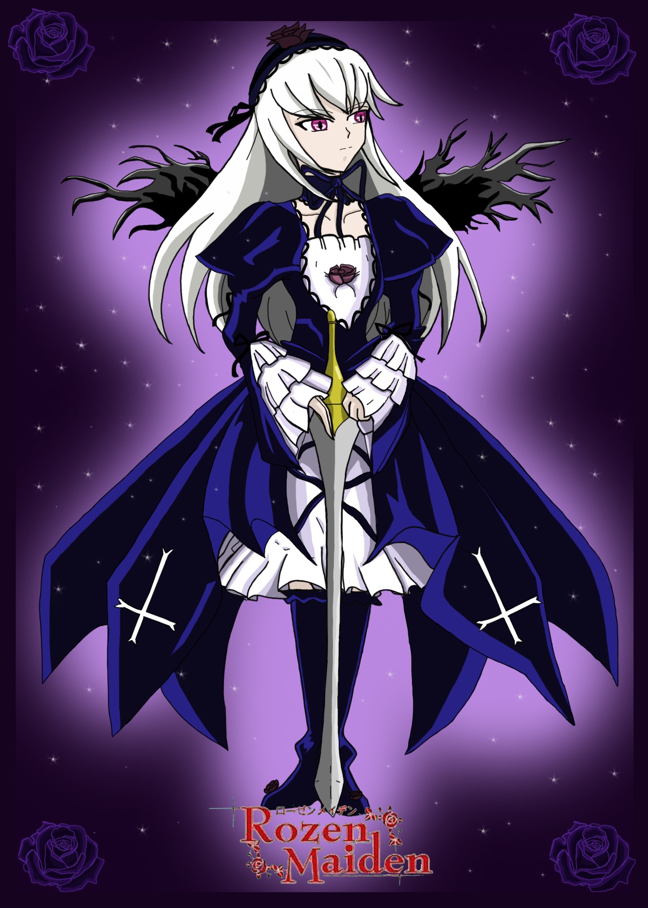 1girl auto_tagged black_flower black_rose blue_flower blue_rose dress flower hairband image long_hair pink_eyes pink_rose purple_flower purple_rose red_flower red_rose rose solo star_(sky) starry_sky suigintou sword weapon white_hair white_rose wings