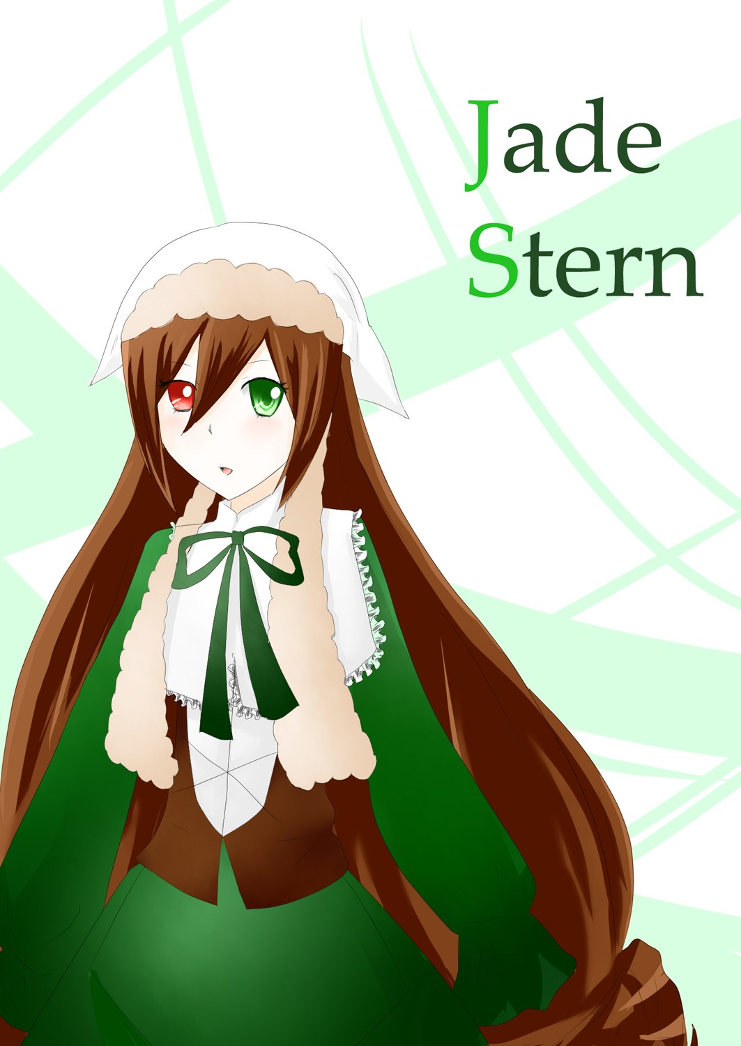 1girl blush brown_hair dress frills green_background green_dress green_eyes hat head_scarf heterochromia image long_hair long_sleeves looking_at_viewer red_eyes ribbon solo striped_background suiseiseki very_long_hair