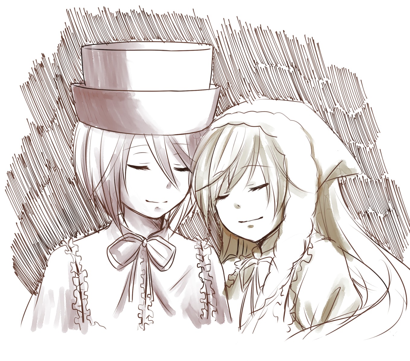 2girls closed_eyes hat image long_hair monochrome multiple_girls pair short_hair sisters smile souseiseki suiseiseki