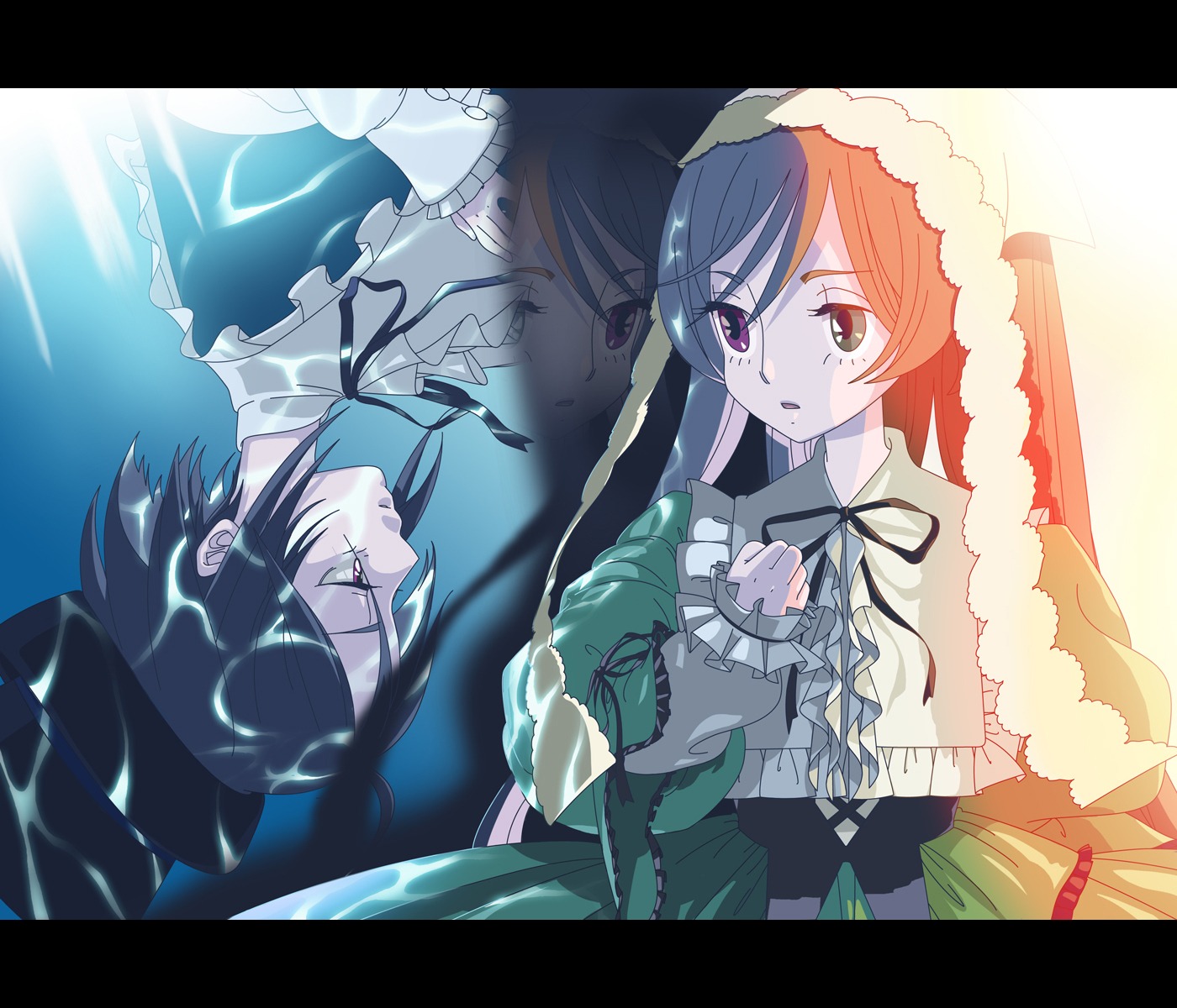 2girls black_hair crying crying_with_eyes_open dress frills hat image letterboxed long_hair long_sleeves multiple_girls neck_ribbon pair red_eyes ribbon sad short_hair souseiseki suiseiseki tears