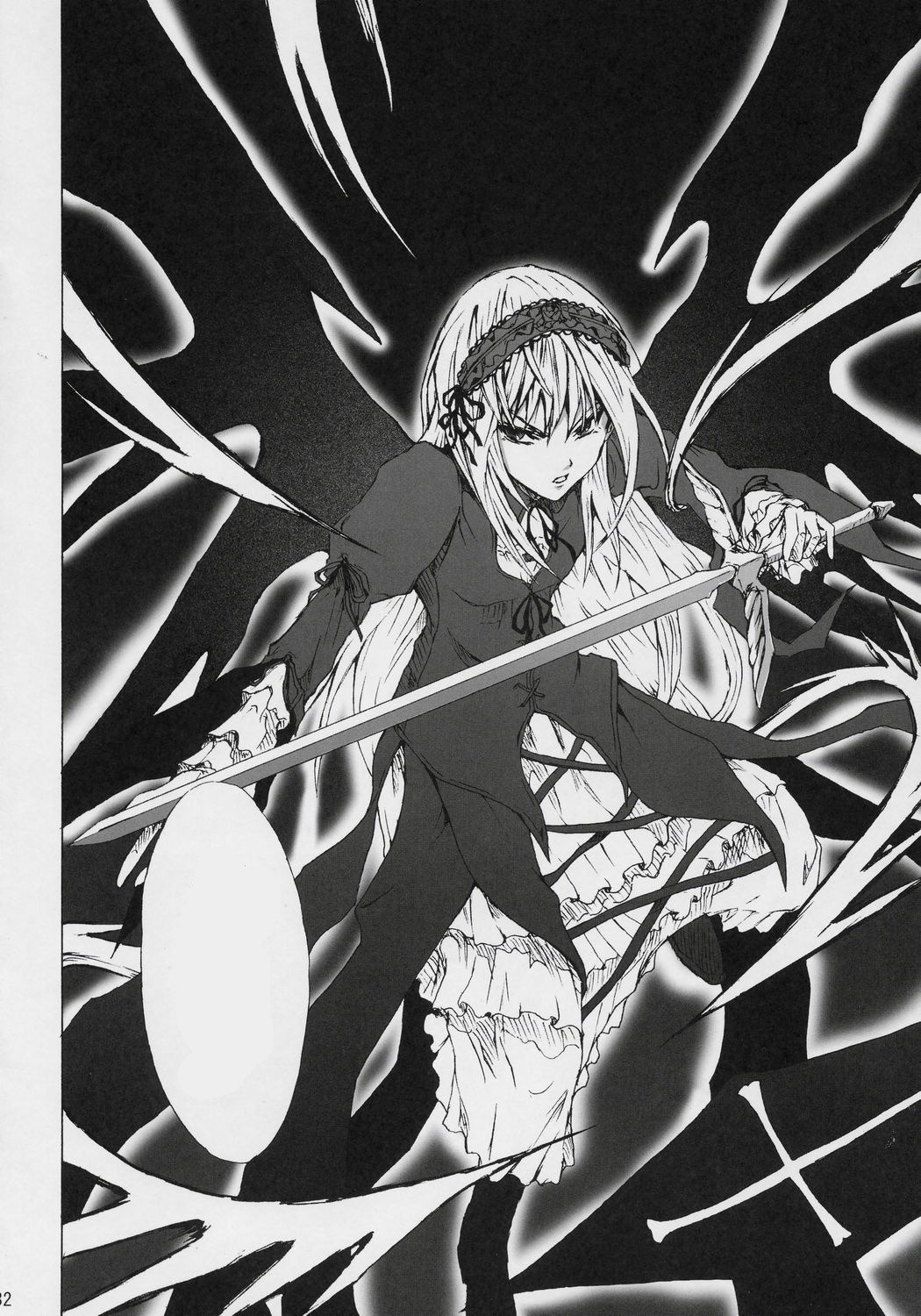 1girl alice_margatroid dress frills greyscale hairband holding image lolita_hairband long_sleeves monochrome short_hair solo suigintou weapon