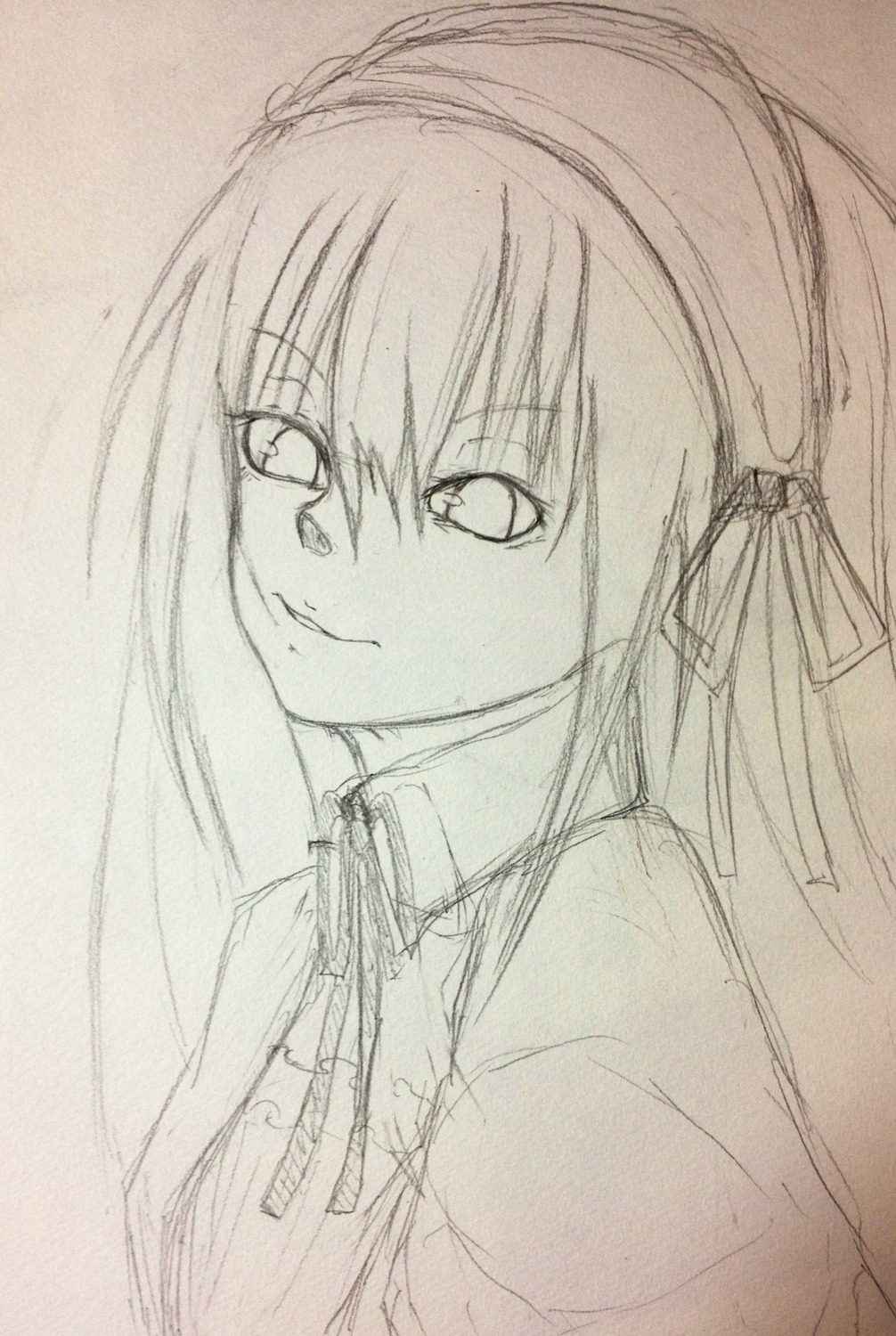 1girl closed_mouth hair_ribbon hairband image long_hair looking_at_viewer monochrome ribbon simple_background sketch smile solo suigintou traditional_media upper_body white_background