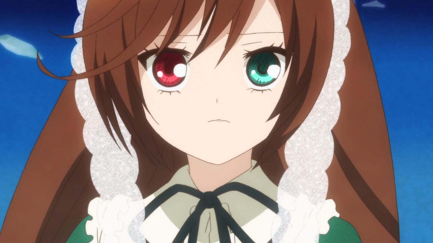 1girl :< :t bangs black_ribbon brown_hair close-up dress face frills heterochromia image long_hair looking_at_viewer neck_ribbon pout red_eyes ribbon solo suiseiseki