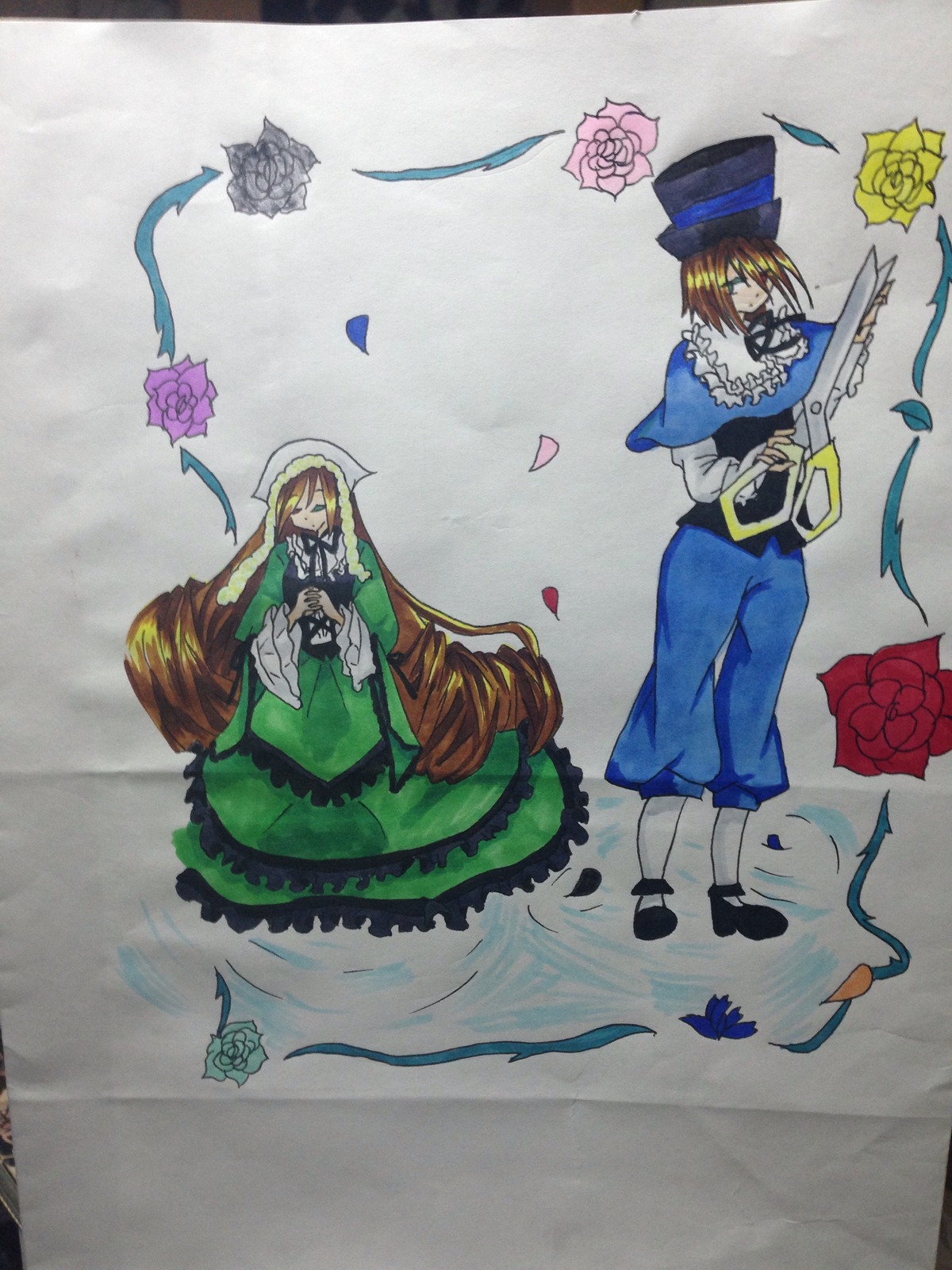 blonde_hair blue_flower blue_rose brown_hair closed_eyes dress flower frills hat image long_hair multiple_girls pair petals purple_rose red_rose rose rose_petals short_hair souseiseki suiseiseki thorns yellow_rose