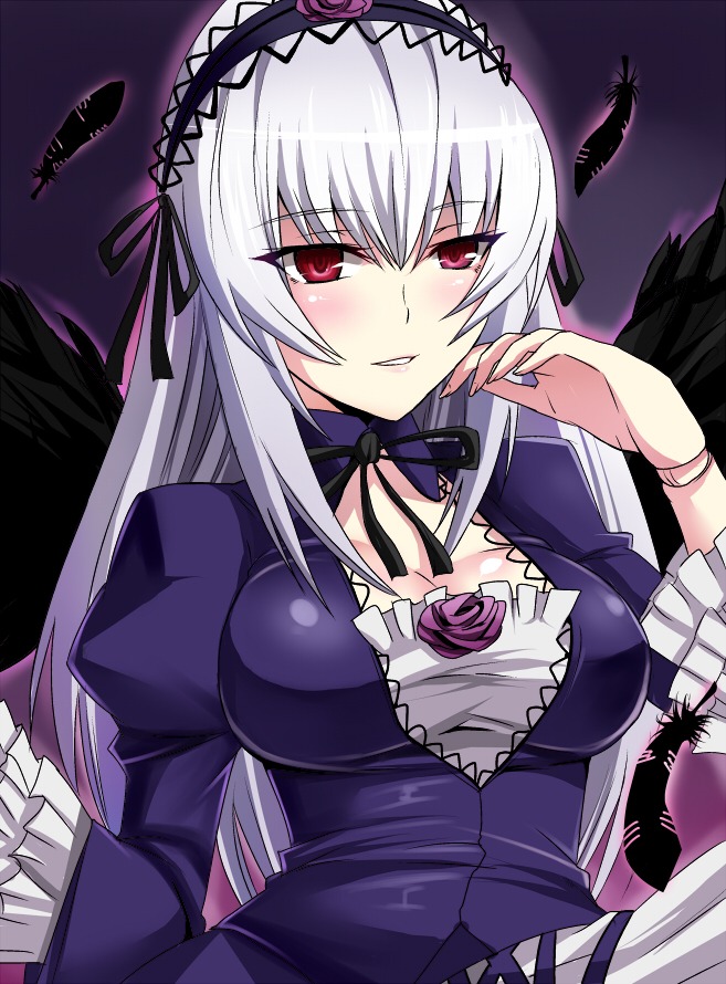 1girl black_wings blush breasts cleavage commentary_request detached_collar doll_joints dress feathers fingernails flower frills gothic_lolita hairband image joints juliet_sleeves lolita_fashion long_hair long_sleeves looking_at_viewer medium_breasts nishida_megane pink_eyes puffy_sleeves red_eyes rose rozen_maiden silver_hair solo suigintou upper_body wings