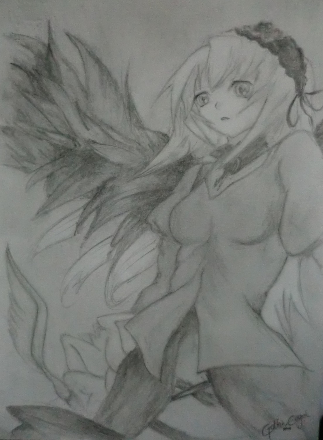 1girl breasts elbow_gloves gloves greyscale image large_breasts long_hair monochrome sketch solo suigintou traditional_media very_long_hair wings