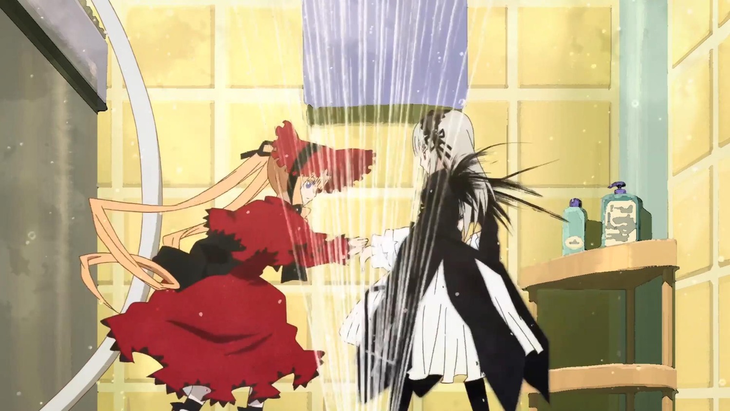 1boy 1girl black_hair blonde_hair curtains dress image indoors long_hair long_sleeves pair shinku standing suigintou very_long_hair window
