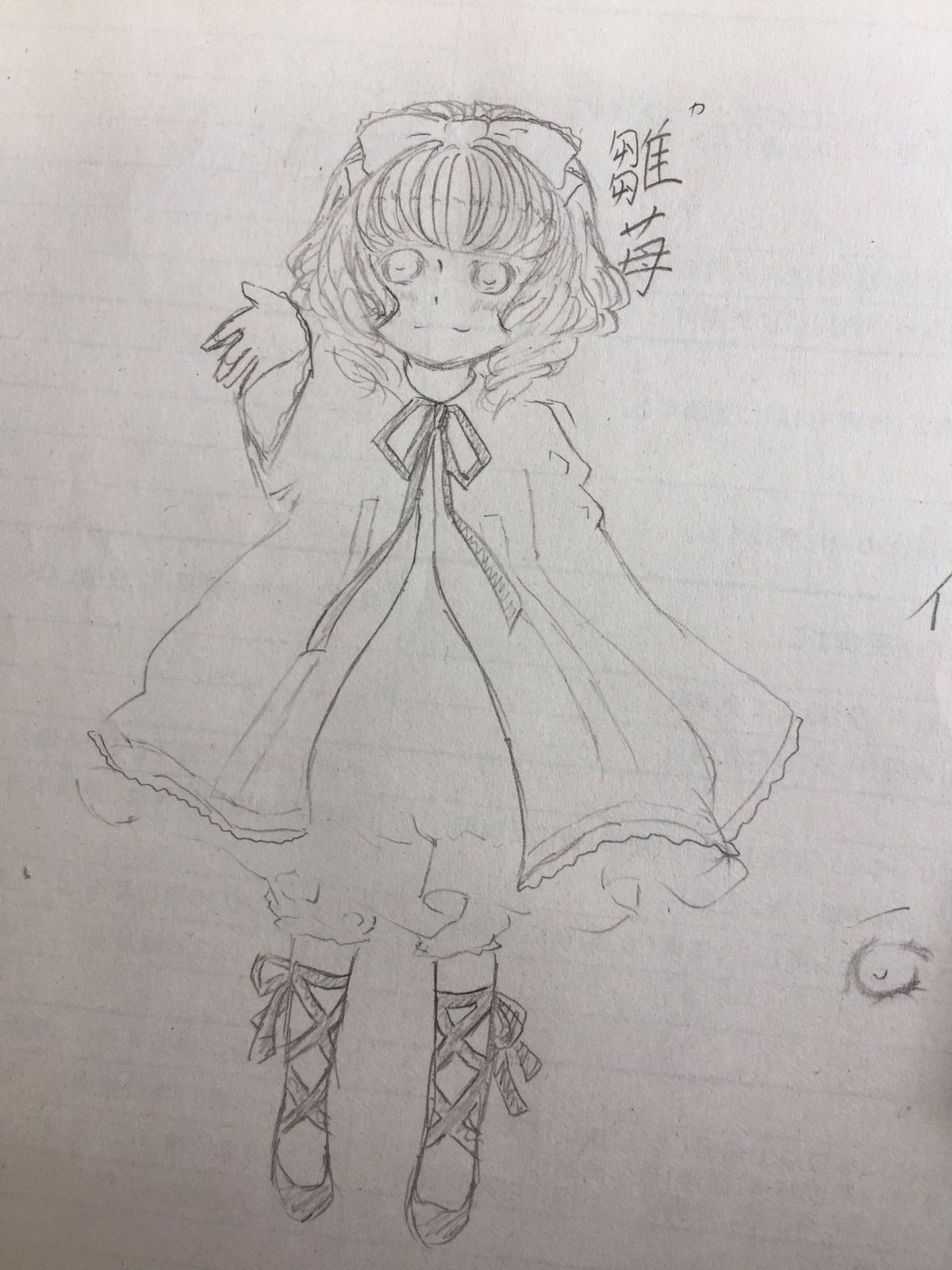 1girl bow cross-laced_footwear dress full_body graphite_(medium) greyscale hair_bow hinaichigo image long_sleeves looking_at_viewer monochrome photo ribbon short_hair sketch smile solo standing traditional_media