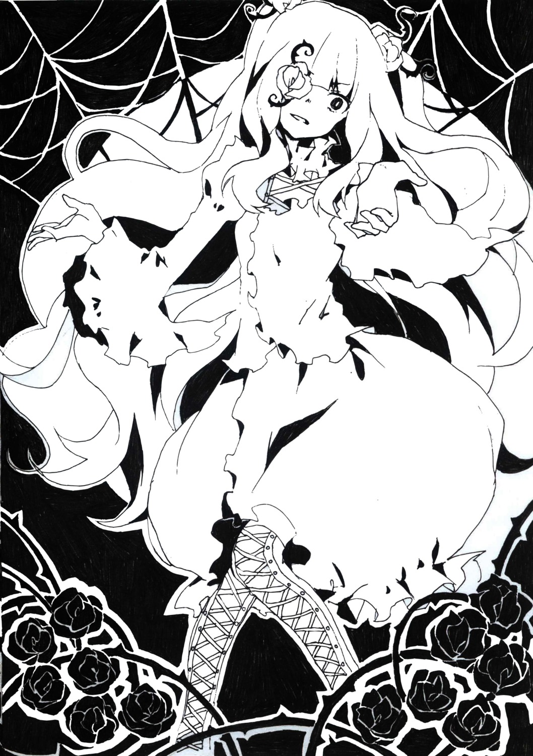 1girl black_flower black_rose boots cross-laced_footwear dress flower greyscale hair_flower hair_ornament image kirakishou long_hair monochrome rose solo thorns umbrella vines white_rose