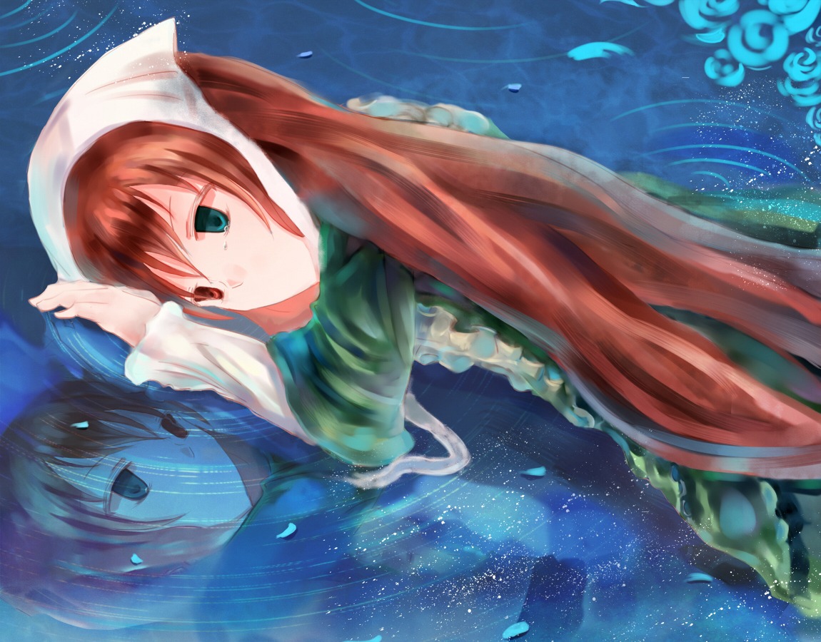 1girl brown_hair dress flower frills green_dress image long_hair long_sleeves looking_at_viewer mermaid monster_girl petals reflection solo suiseiseki very_long_hair water