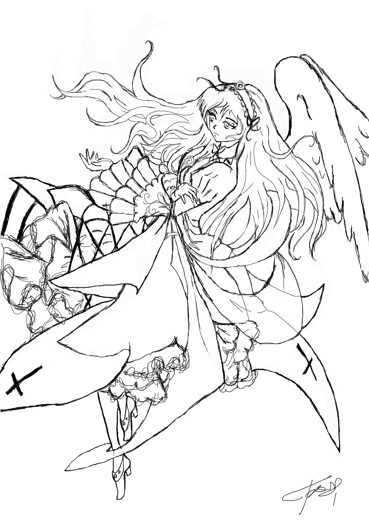 1girl dress frills greyscale hairband image long_hair monochrome signature solo suigintou very_long_hair white_background wings