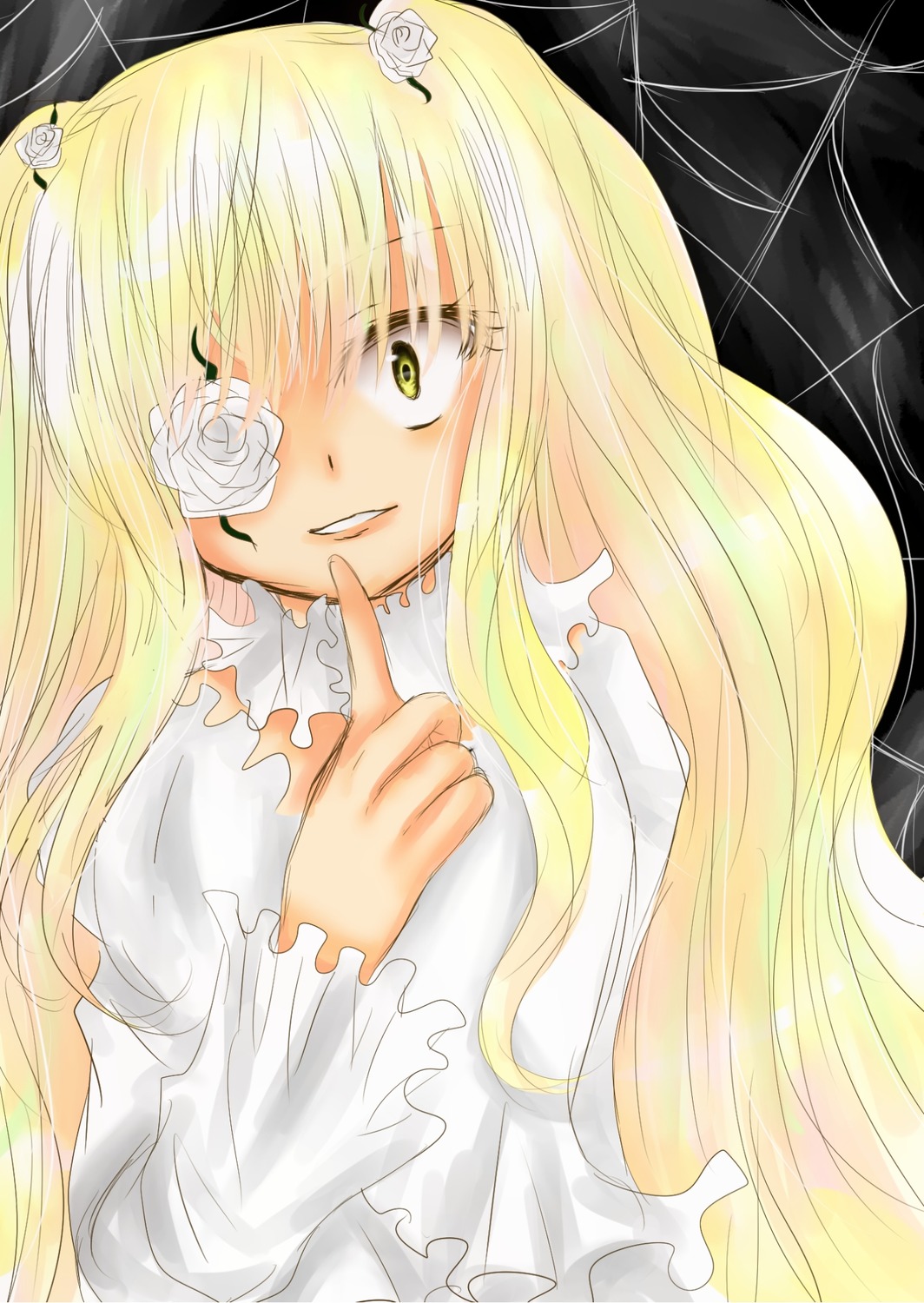 1girl blonde_hair dress eyepatch finger_to_mouth flower frills image kirakishou long_hair long_sleeves rose smile solo white_flower white_rose
