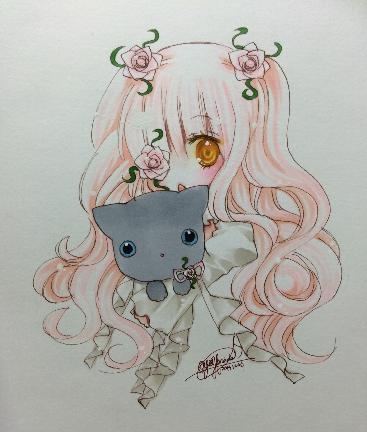 1girl artist_name bangs blush dress flower hair_flower hair_ornament holding image kirakishou long_hair looking_at_viewer marker_(medium) photo pink_flower pink_hair pink_rose rose signature solo stuffed_animal thorns traditional_media vines watercolor_(medium) white_flower white_rose yellow_eyes