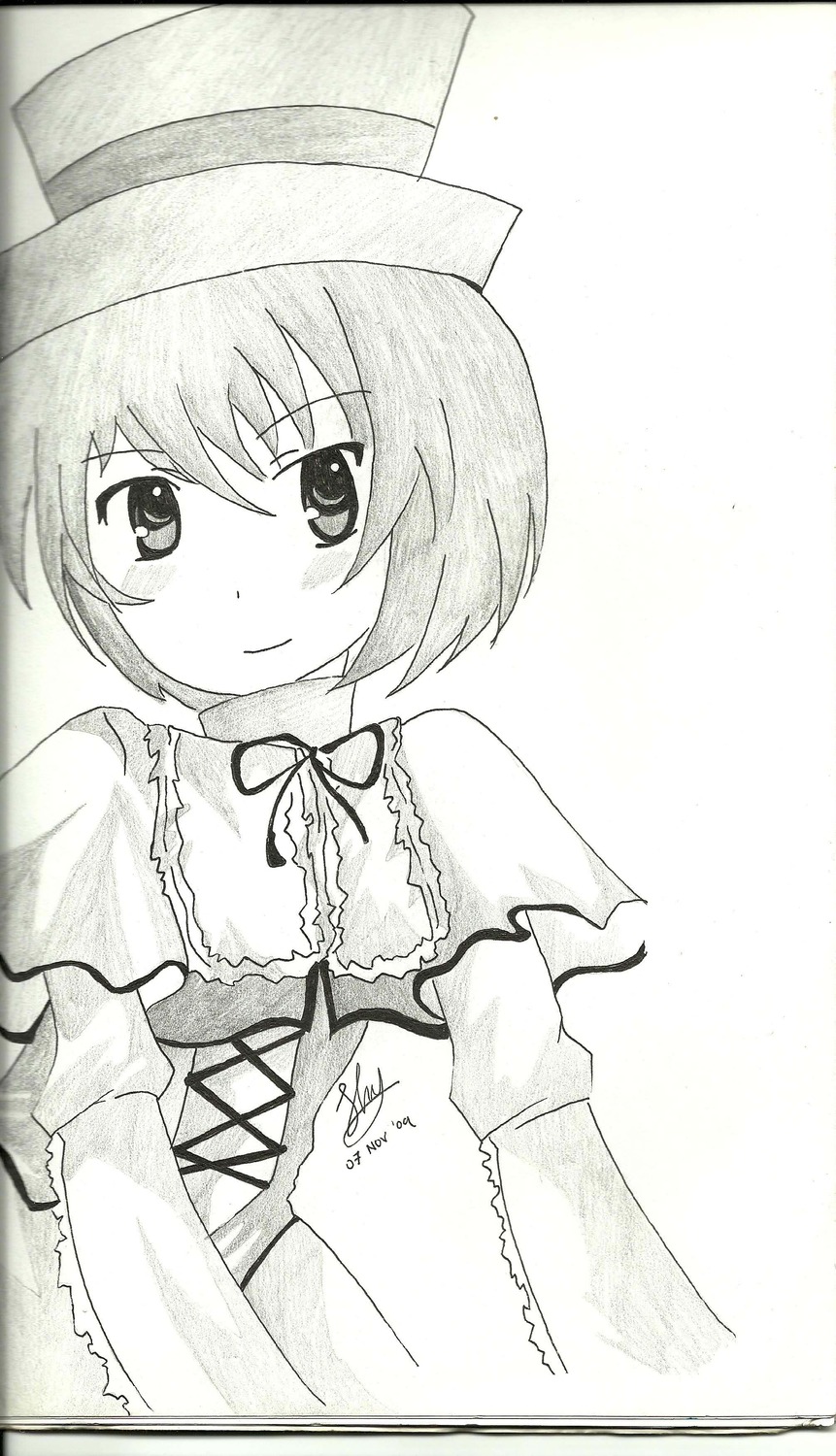 1girl blush dress eyebrows_visible_through_hair greyscale image long_sleeves looking_at_viewer monochrome neck_ribbon ribbon short_hair smile solo souseiseki