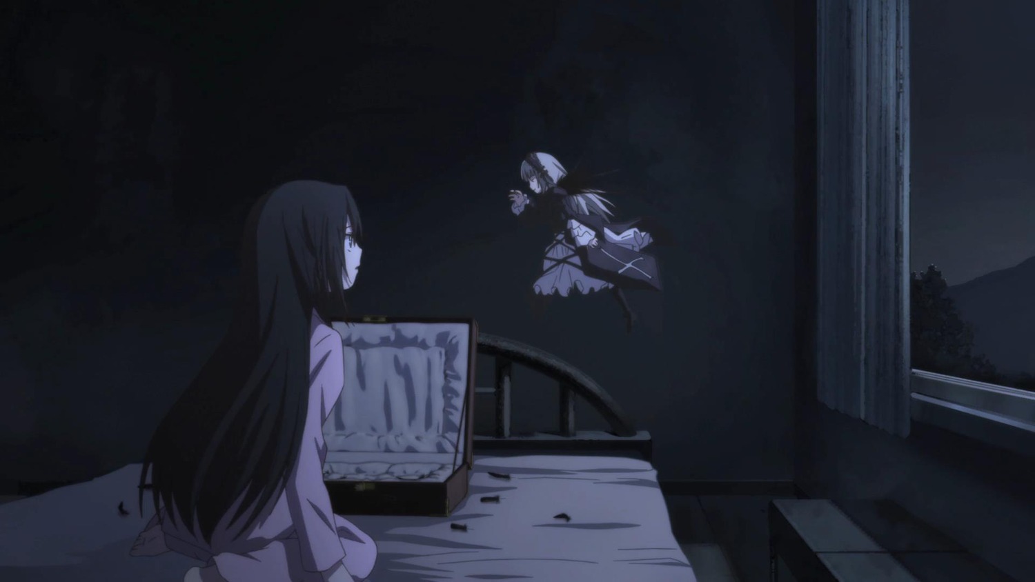 2girls black_hair dark dress hat houraisan_kaguya image kakizaki_megu long_hair multiple_girls night sitting solo suigintou