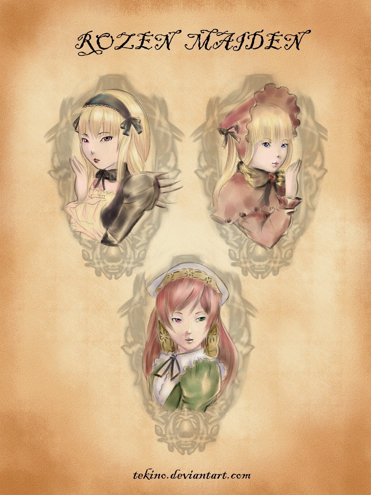 3girls auto_tagged blonde_hair blue_eyes bonnet copyright_name dress english_text frills hat image long_hair looking_at_viewer multiple multiple_girls red_eyes shinku sisters suigintou suiseiseki tagme