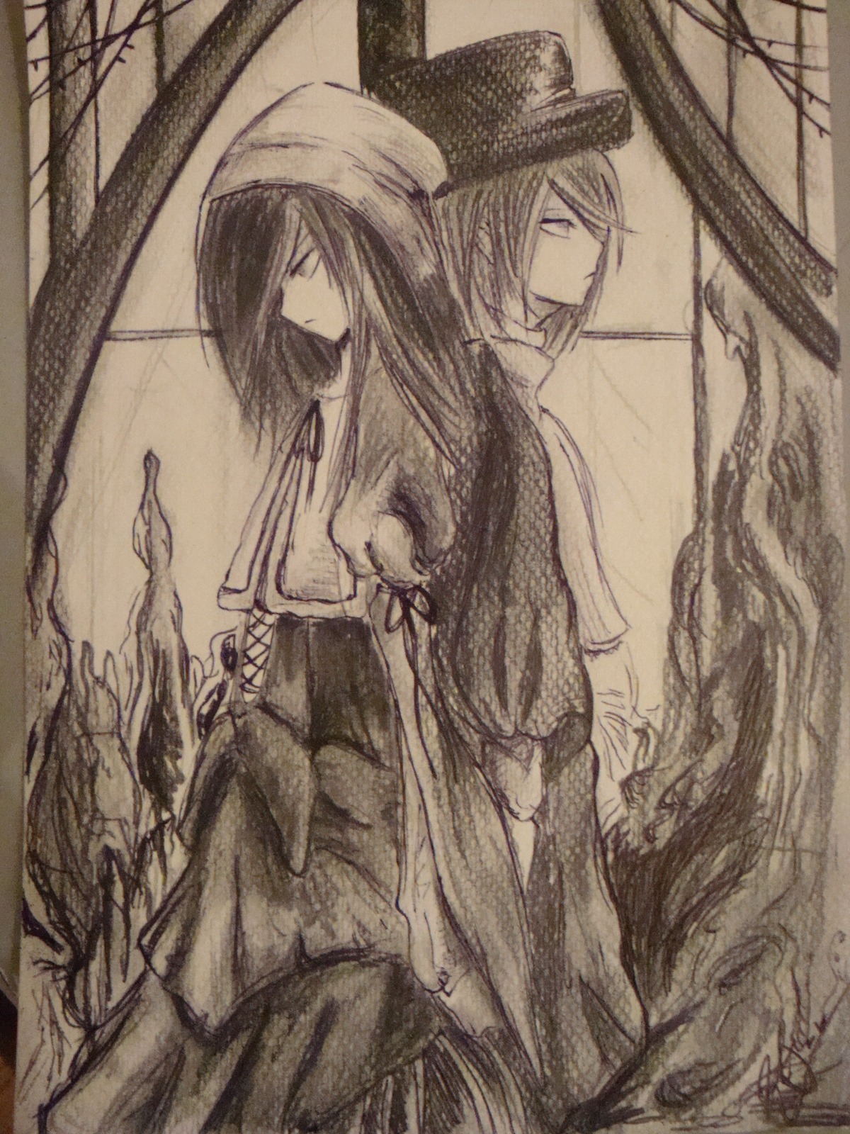 2girls back-to-back closed_eyes hair_over_one_eye hat image long_hair long_sleeves monochrome multiple_girls pair profile souseiseki standing suiseiseki traditional_media