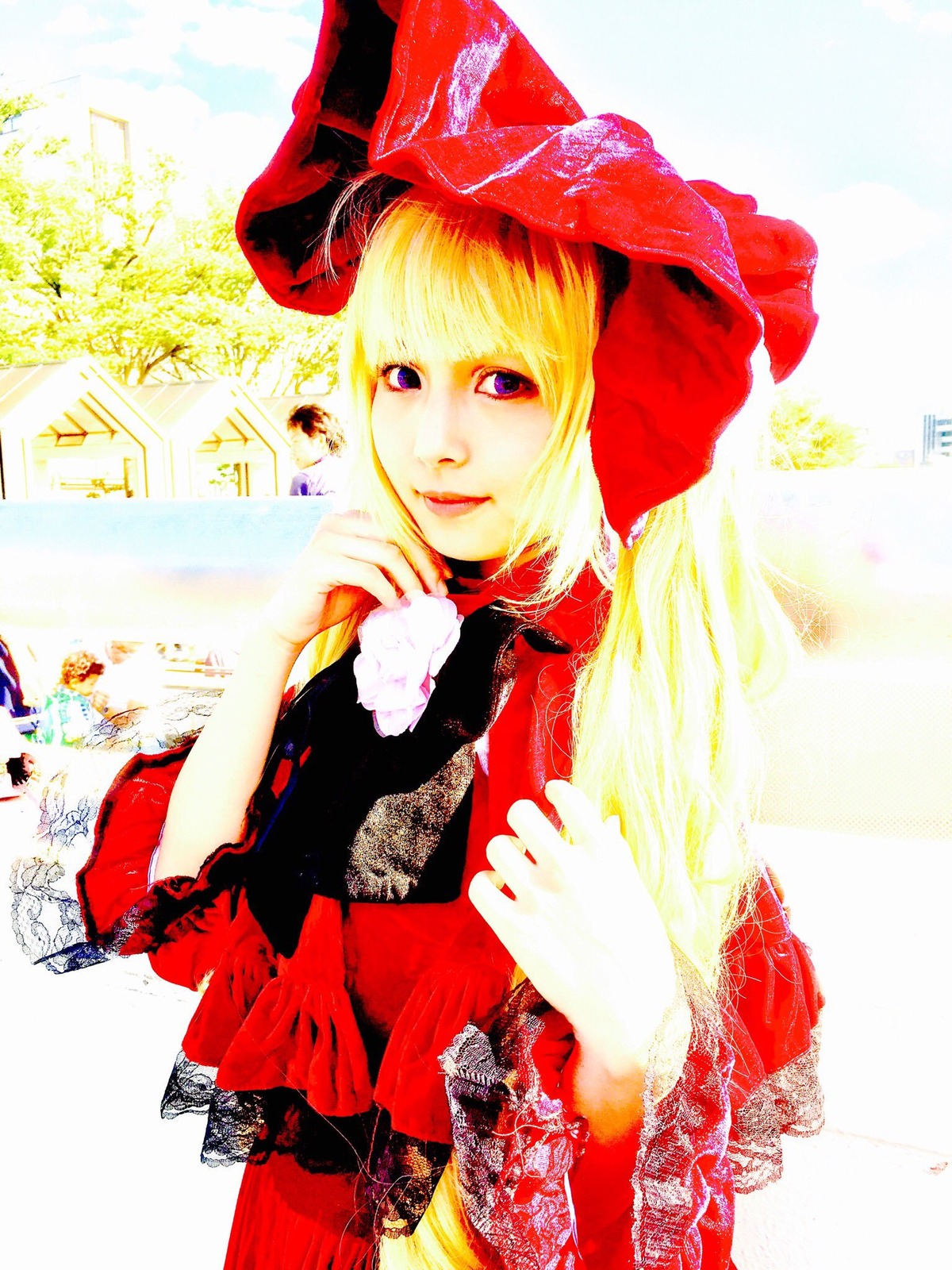 1girl blonde_hair bow dress flower lips long_hair purple_eyes shinku smile solo