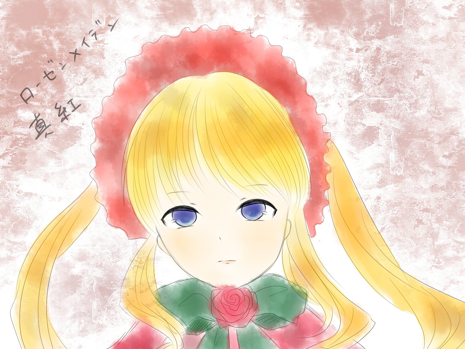 1girl blonde_hair blue_eyes blush bonnet bow bowtie face flower image long_hair looking_at_viewer pink_rose portrait red_flower red_rose rose shinku sidelocks solo twintails