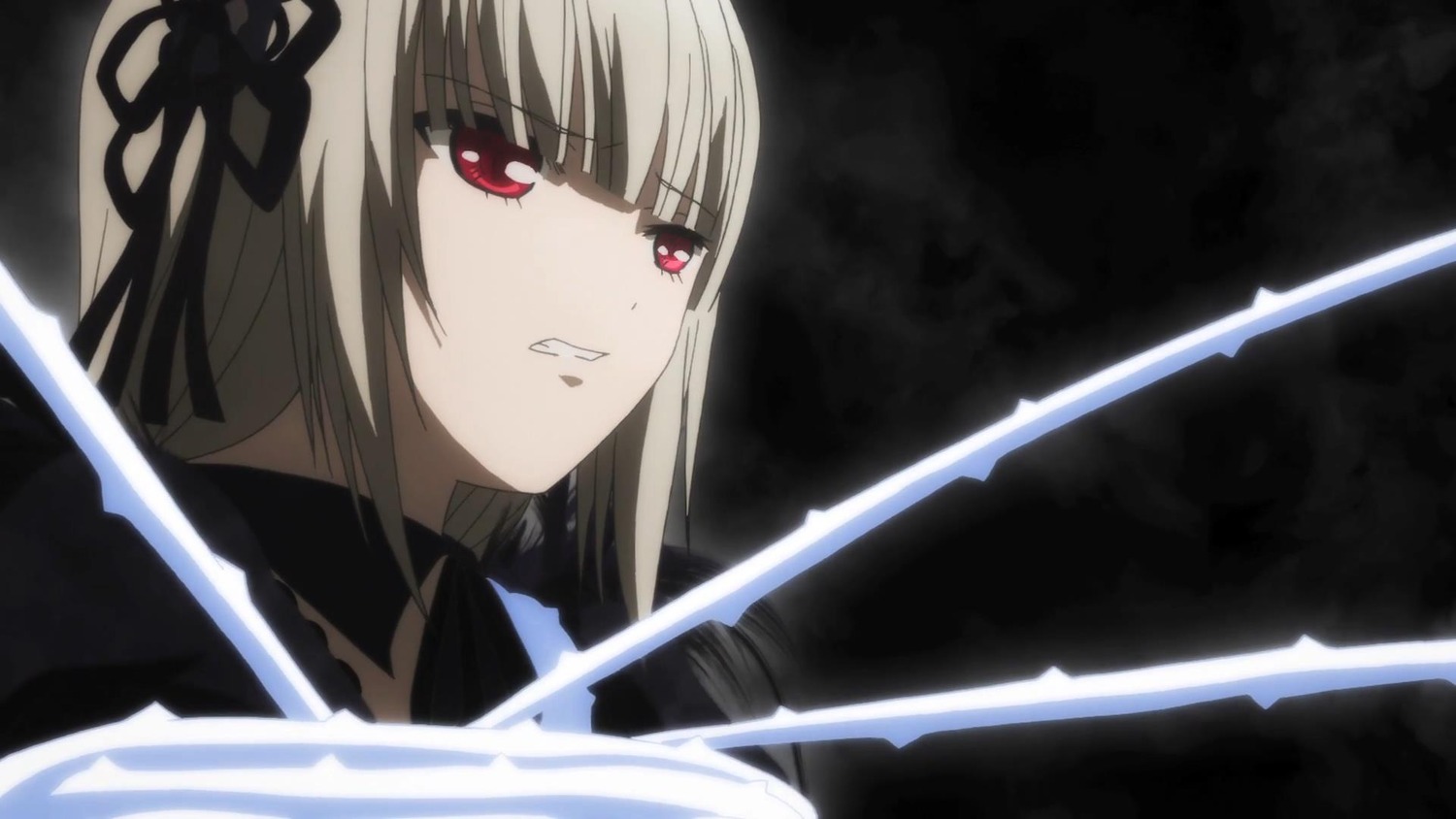 1girl bangs black_ribbon dress eyebrows_visible_through_hair hair_ribbon hairband holding holding_sword holding_weapon image long_hair looking_at_viewer parted_lips red_eyes ribbon solo suigintou sword weapon