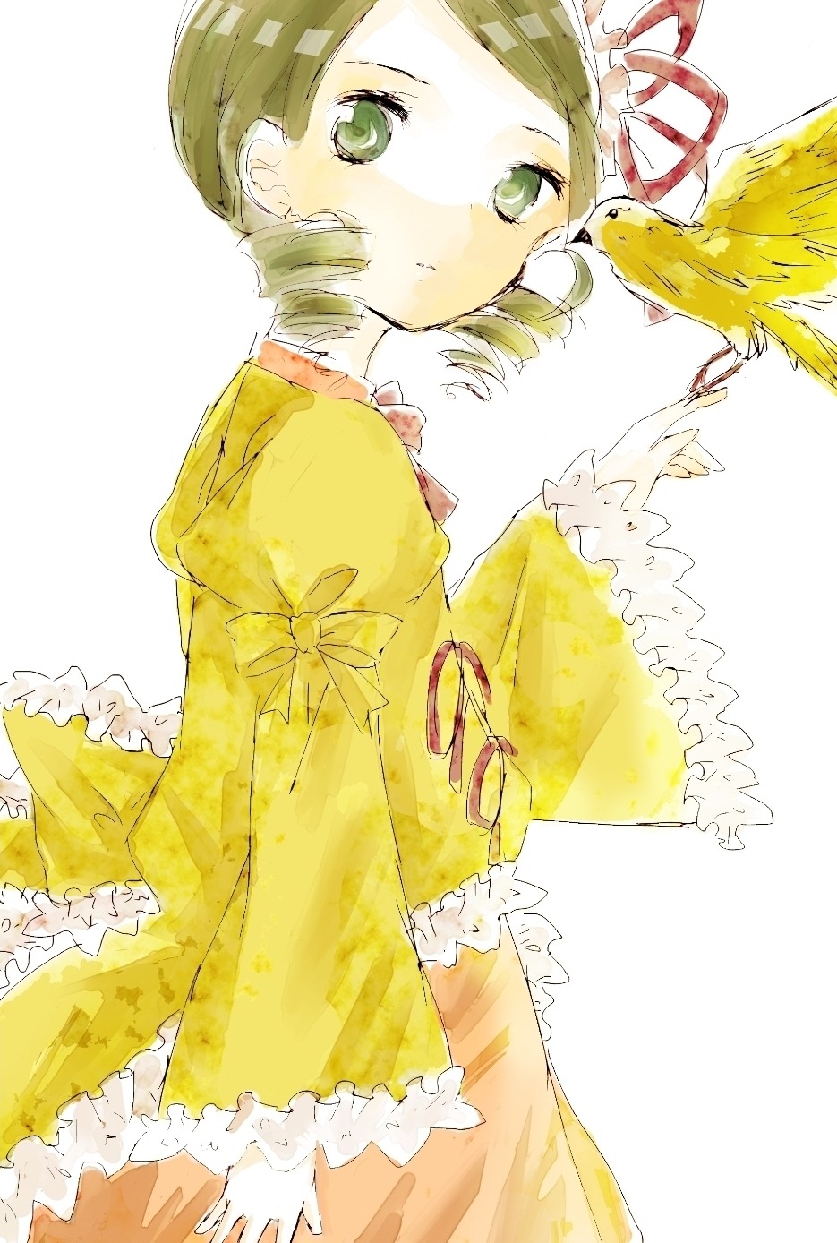 1girl animal bird bird_on_hand brown_hair dress drill_hair frills green_eyes image kanaria long_sleeves looking_at_viewer ribbon solo twin_drills wide_sleeves yellow_dress